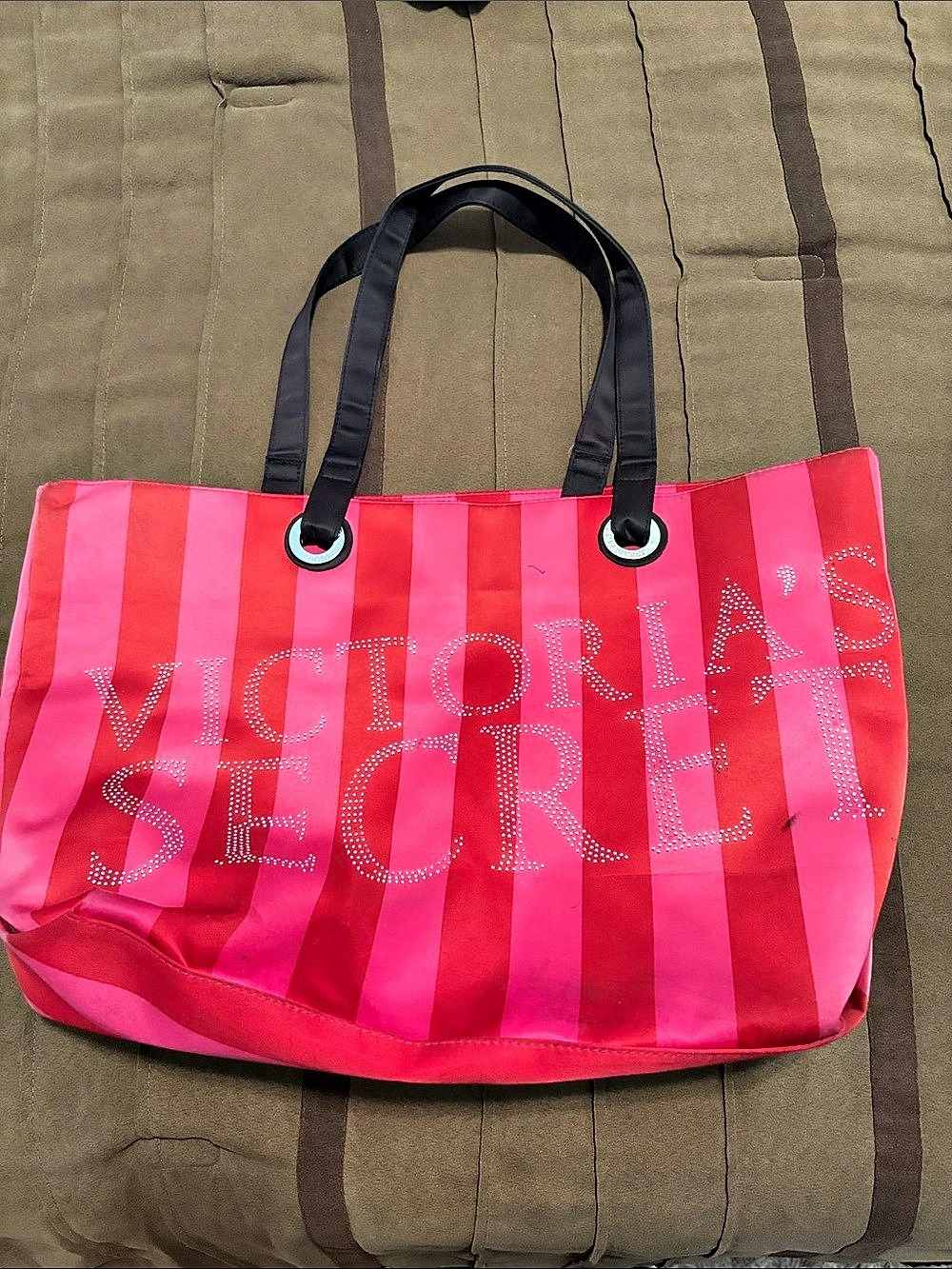 Victoria's Secret Heritage Stripe Rhinestone Logo Tote Bag Pink & Red